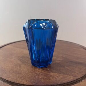 Vtg Viking Bluenique Glass Lighter Holder Faceted Diamond Point Blue MCM 3.75"